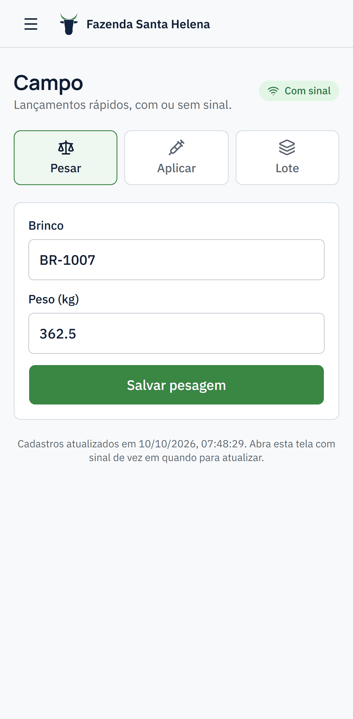 Tela Campo no celular, com pesagem por brinco
